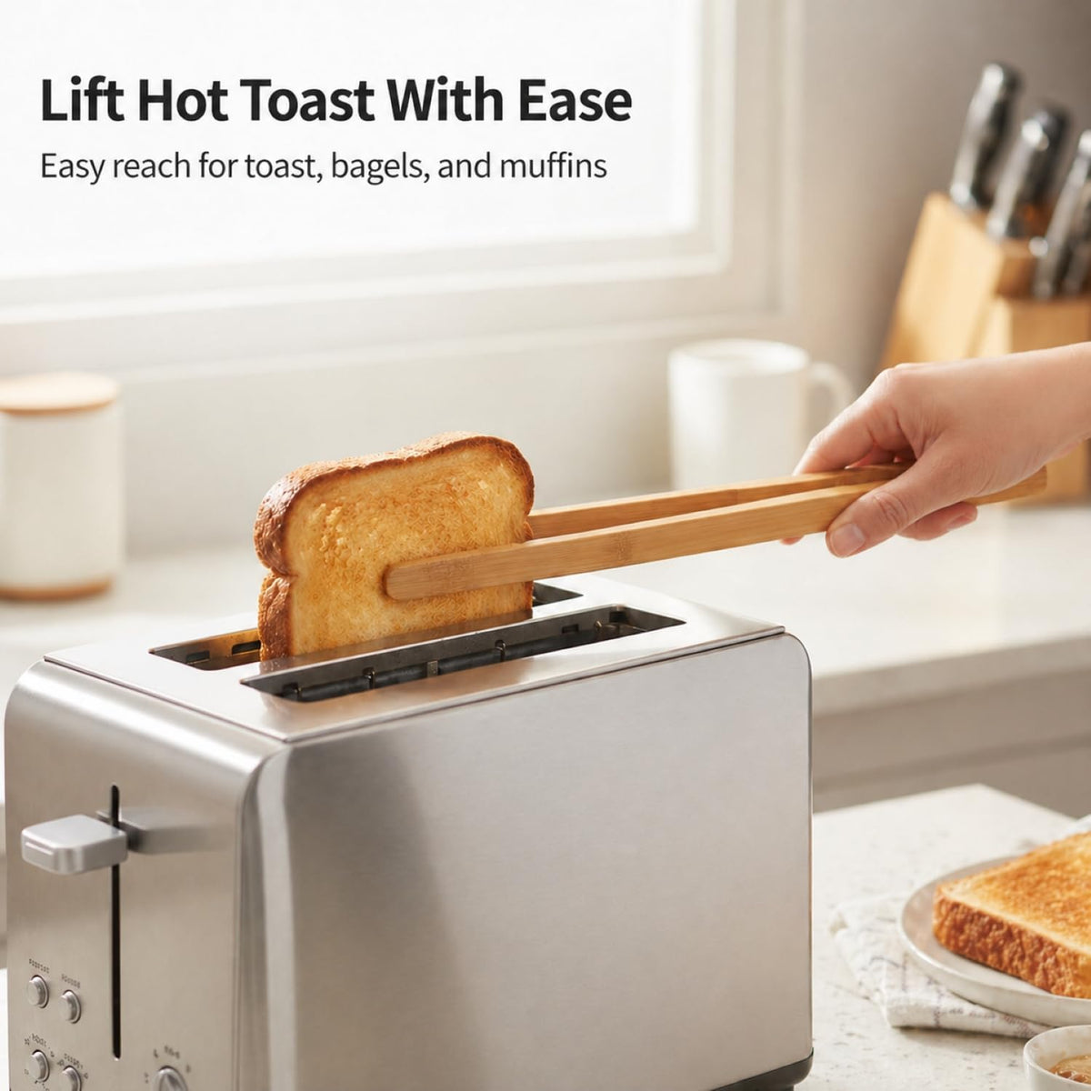 I-MART 2 Pack 12-Inch Bamboo Toaster Tongs, Wooden Toast Tongs for Cooking, Reusable and Safe Bamboo Kitchen Utensils for Bread, Bacon, Muffins, Bagels