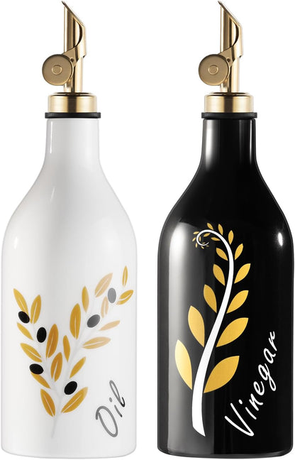 Oil and Vinegar Dispenser with Spout Set of 2, 13.5oz Olive Oil Dispenser Bottle for Kitchen Leakproof Oil Containers with Stainless Steel Pourer Suitable for Oil, Vinegar, Soy Sauce