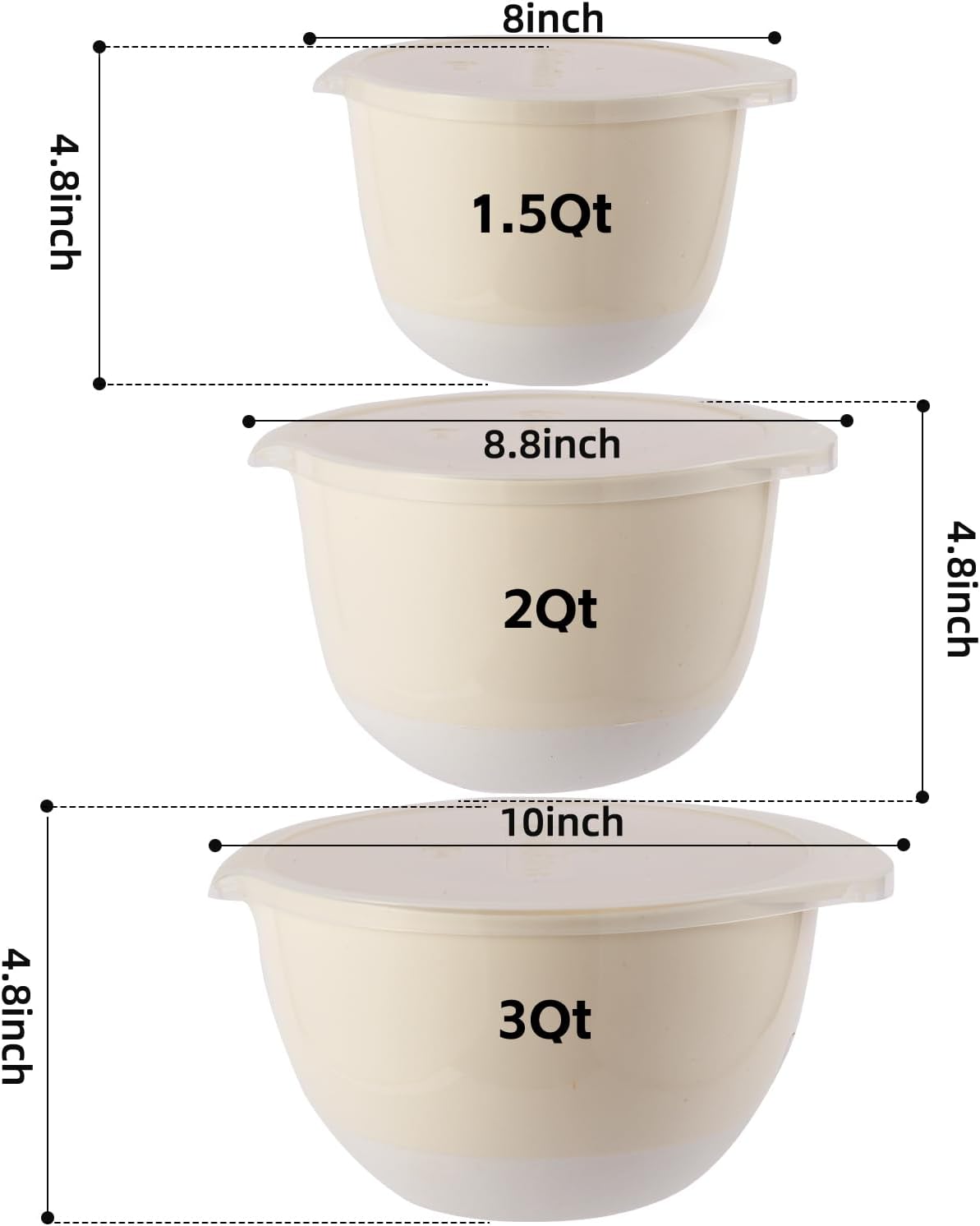 3 Plastic Mixing Bowls with Lids,Pour Spout,TPR Bottom,Mixing Bowl Set,Deep Nesting Small Batter Bowl for Serving,Prep,Baking,Non Slip,Dishwasher Safe,Easy to Grip/Spout,Pale Blue
