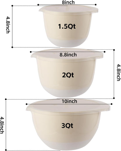 3 Plastic Mixing Bowls with Lids,Pour Spout,TPR Bottom,Mixing Bowl Set,Deep Nesting Small Batter Bowl for Serving,Prep,Baking,Non Slip,Dishwasher Safe,Easy to Grip/Spout,Pale Blue