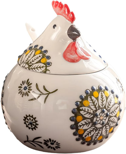 Ceramic Chicken Salt Cellar with Lid and Spoon, 13 OZ Chicken Decor, Blue