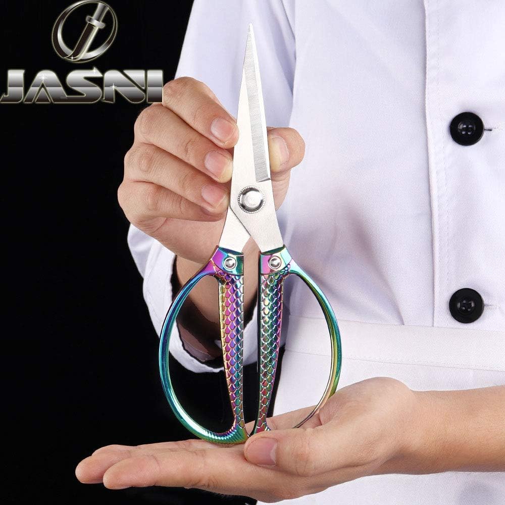 Jasni Stainless Steel Heavy Duty kitchen shears scissors for food meat poultry cooking cutting sharp Powerful strong professional All-Purpose pretty Color rainbow iridescent Titanium utility Office