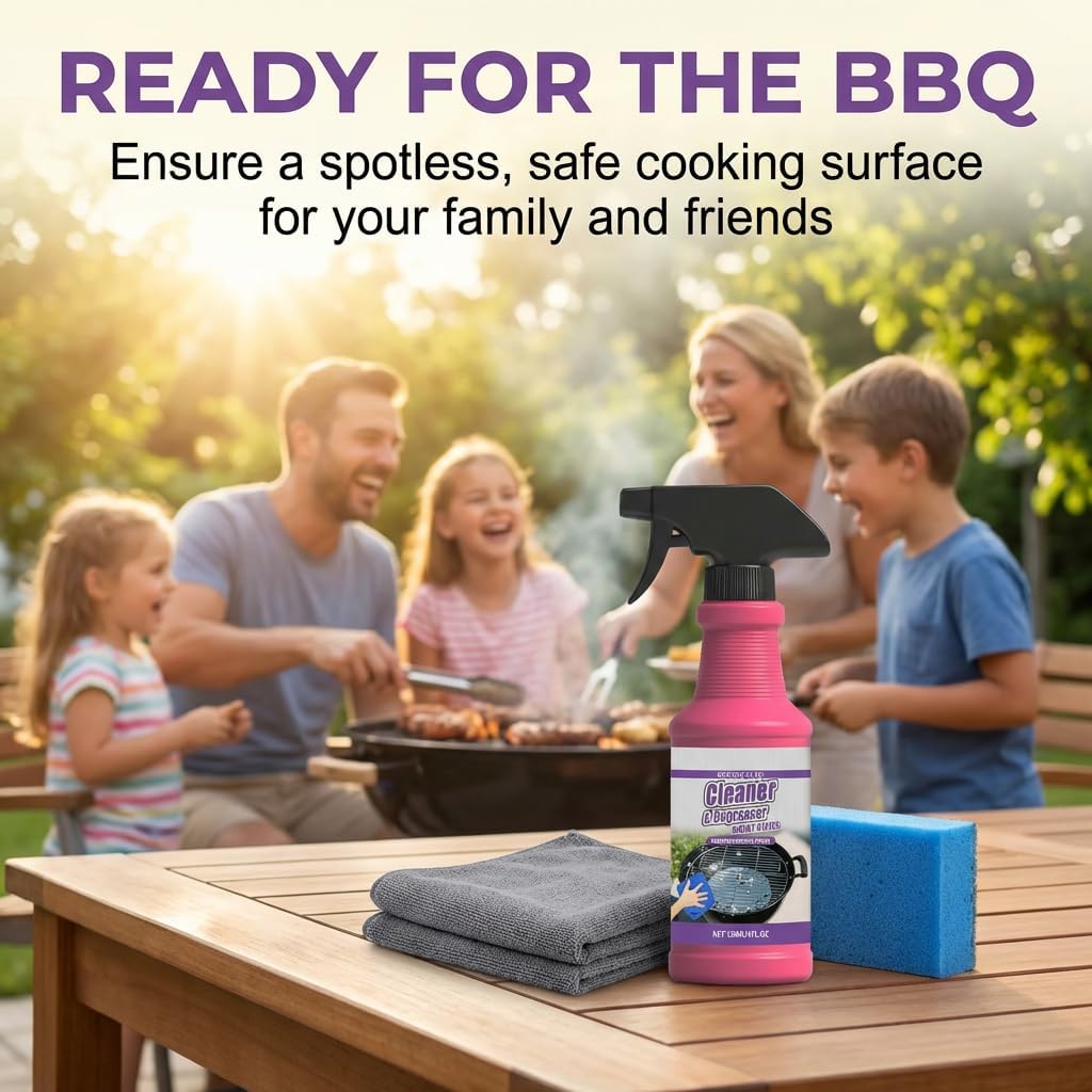 Heavy Duty Grill Degreaser Spray, 2026 Upgrade Heavy Duty Grill Grease Eraser Spray with Cloth Sponge Scrubber Set,Remove Stubborn Grease Smoky Stains Outdoor BBQ Smoker Grates (2)