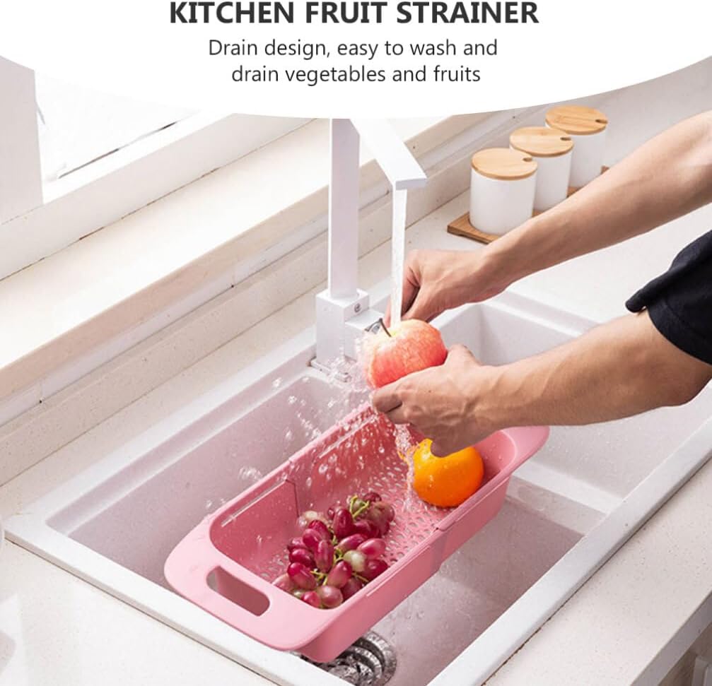 Cabilock Extendable Over The Sink Colander Fruits and Vegetables Drain Basket Expandable Dish Drying Rack Adjustable Trainer Sink Washing Basket for Kitchen