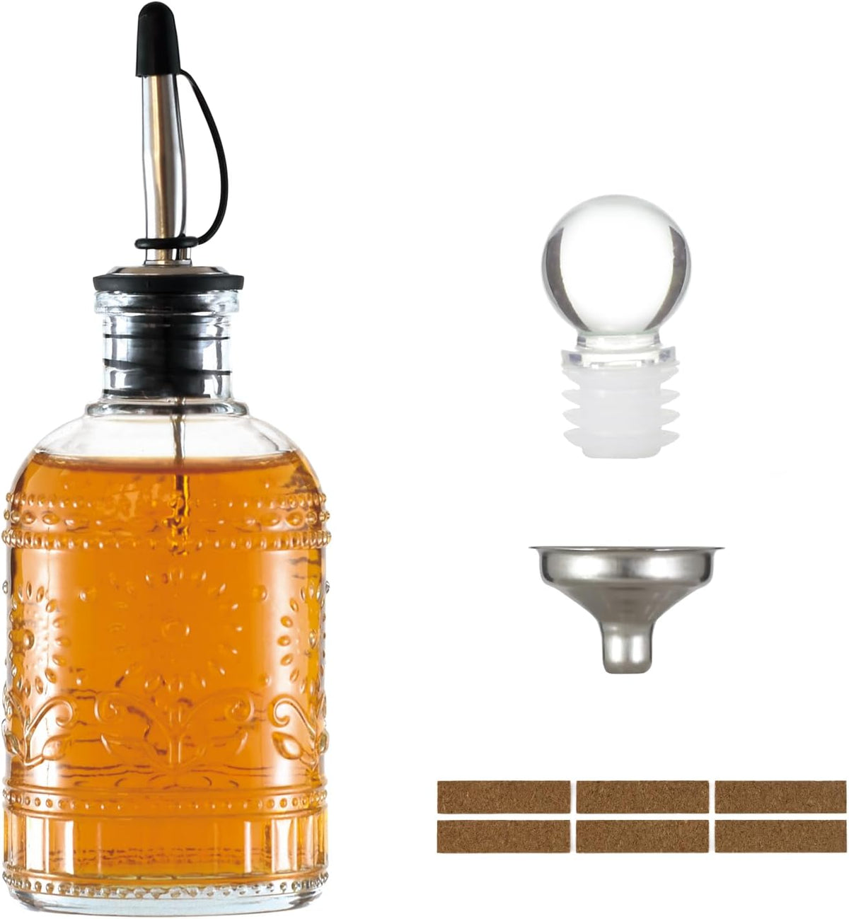 Retro Glass Syrup Dispenser Bottle 7oz, Oil and Vinegar Cruet with Stainless Steel Pour Spout, Labels, Funnel & Stopper(Floral)