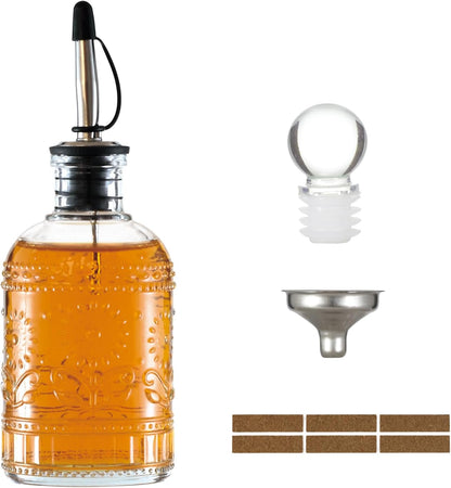 Retro Glass Syrup Dispenser Bottle 7oz, Oil and Vinegar Cruet with Stainless Steel Pour Spout, Labels, Funnel & Stopper(Floral)