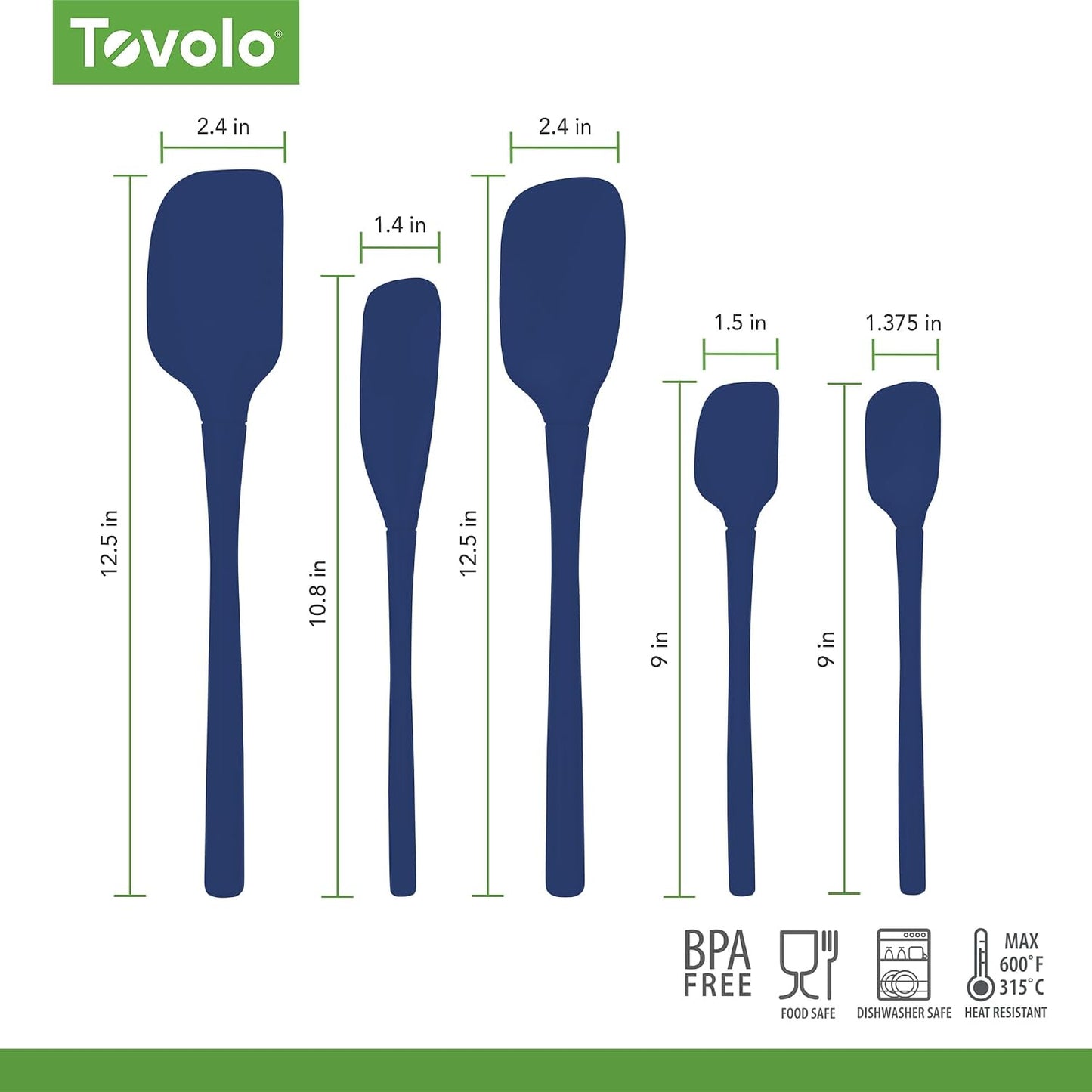 Tovolo Flex Core 5 Piece Silicone Spatula Set Heat Resistant All Silicone Utensils Include Non Stick Spatula Spoonula Jar Scraper, Dishwasher Safe BPA Free Spatulas for Baking Mixing, White