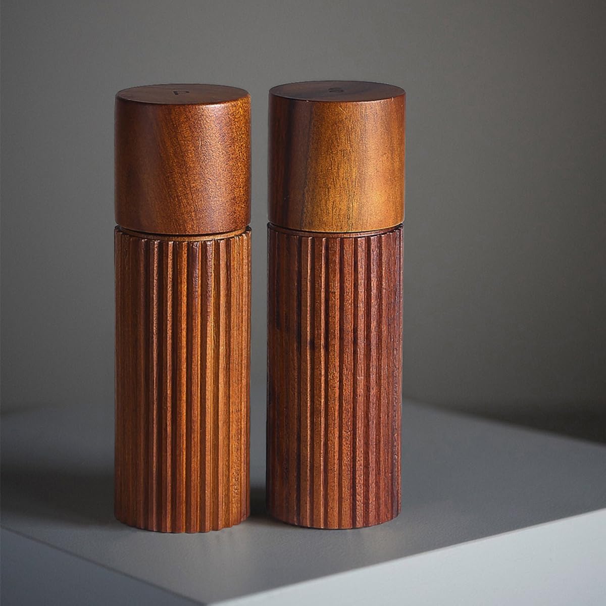 Acacia Wood Salt and Pepper Grinder Set with Matching Tray