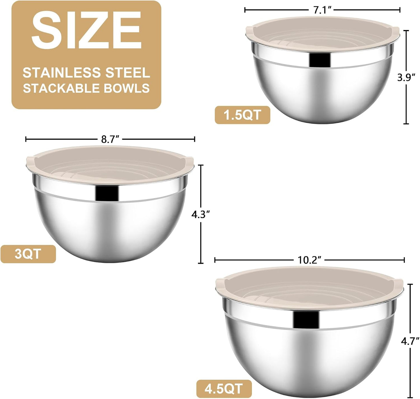 E-far Mixing Bowls With Lids Sets of 5, 10-Piece Stainless Steel Salad Metal Nesting Bowl for Baking Cooking and Prepping, Airtight Lid & Stackable Design, Size 4.6, 3, 2.1, 1.5, 0.7 QT, Black