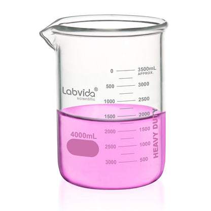 Upgrated 6 Size Low Form Glass Beaker Set, 25ml 50ml 100ml 250ml 500ml 1000ml, 3.3 Boro Glass beakers with Printed Graduation, LVA019