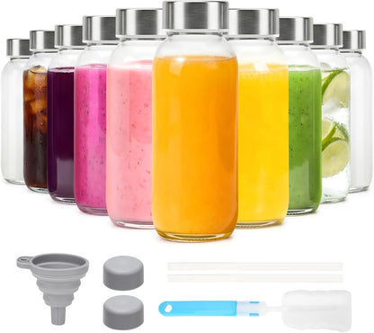 Glass Juice Bottles with Lids 10 oz, 6 Pack Reusable Small Glass Bottles with Stainless Steel Caps & Straws, BPA-Free Leak proof Juice Bottle Containers for Juicing, Milk, Smoothies & Fridge