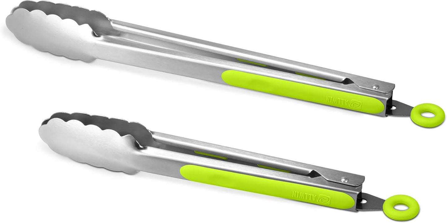304 Stainless Steel Kitchen Cooking Tongs, 9" and 12" Set of 2 Sturdy Grilling Barbeque Brushed Locking Food Tongs with Ergonomic Grip, Black