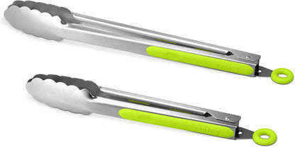 304 Stainless Steel Kitchen Cooking Tongs, 9" and 12" Set of 2 Sturdy Grilling Barbeque Brushed Locking Food Tongs with Ergonomic Grip, Black