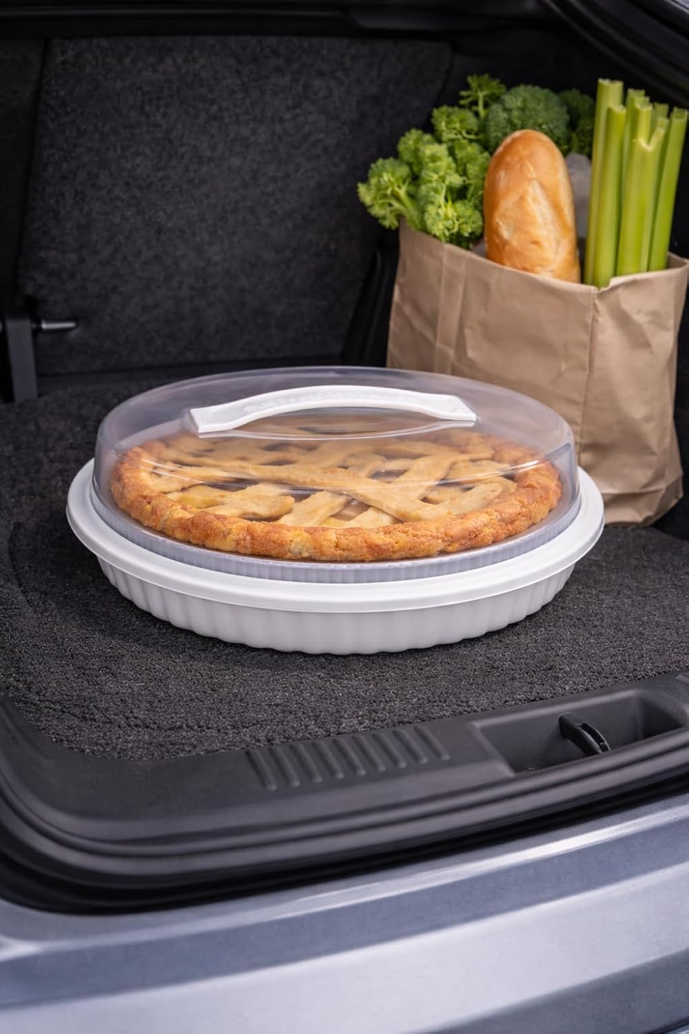 2 Plastic Pie Carriers with Lids – Fits 10 Inch Pie, Clear Dome with White Fluted Base, Lightweight Freezer Safe Slide Lock Lid with Handle for Storage & Transport