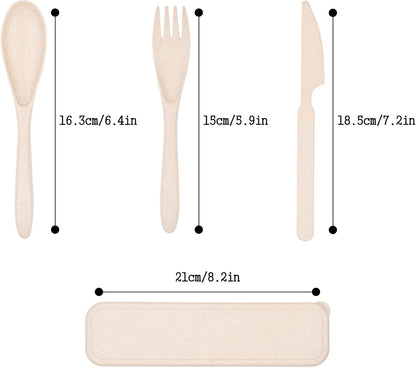 Lnrkai Travel Utensils Set with Case, 4 Sets Wheat Straw Reusable Spoon Knife Forks Tableware, Portable Cutlery Set for Lunch Box Accessories for Adults Travel Picnic Camping or Daily Use