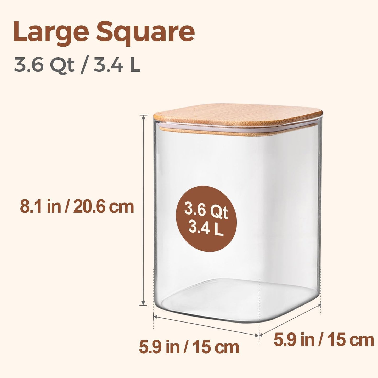 ComSaf Glass Food Storage Containers, 3.6Qt/1.2Qt Glass Flour and Sugar Containers with Airtight Lids, Large Square Jars with Bamboo Lids for Rice, Pasta, Oats, Grains, Cookies, Snacks, Candy