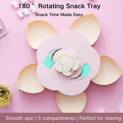 Flower-Shaped Divided Serving Tray that Spins – 5-Compartment Rotating Snackle Box Container with Lid, Decorative Round Veggie & Fruit Platter, Lazy Susan for Kitchen, Party, Gift (BPA-Free) (Red)