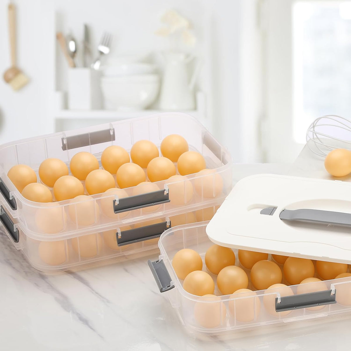 BTSKY Deviled Egg Platter with Lid, 3-Layer 54 Slots Deviled Eggs Carrier, Clear Portable Egg Holder for Fridge Reusable Deviled Eggs Tray Carton Box for Easter and Party Favor (3-Layer, Orange)