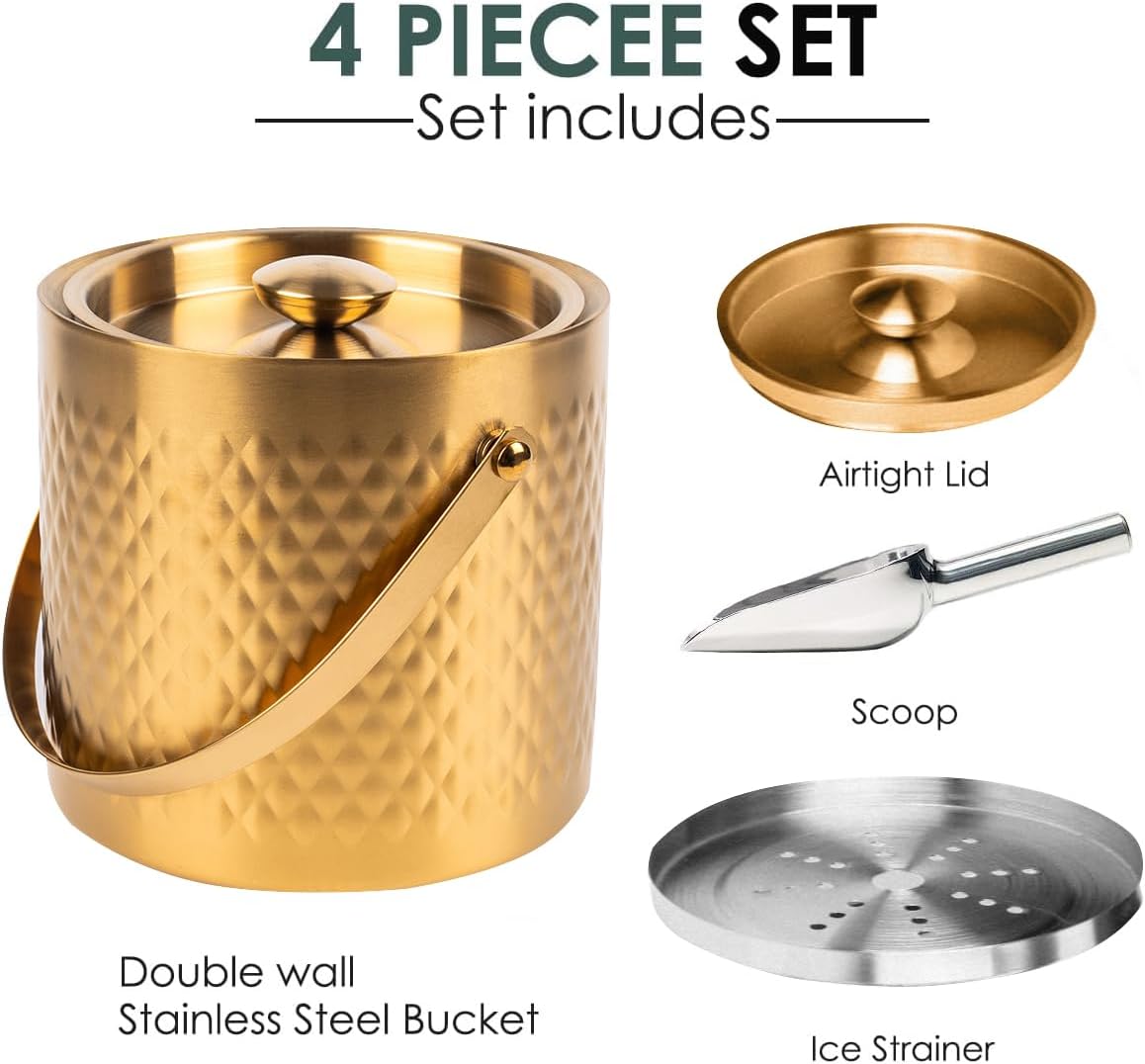 3L Double-Wall Insulated Stainless Steel Ice Bucket with scoop for Cocktail Bar - Metal Ice Bucket for freezer with Lid for parties,Camping,and More!champagne bucket,bar cart accessories