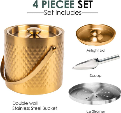 3L Double-Wall Insulated Stainless Steel Ice Bucket with scoop for Cocktail Bar - Metal Ice Bucket for freezer with Lid for parties,Camping,and More!champagne bucket,bar cart accessories