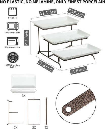 LAUCHUH 3 Tier Serving Tray, Porcelain Serving Platter Tier Serving Stand with Collapsible Sturdier Rack, Serving Trays and Platters Dessert Party Display Set for Father's Day, Gold, 12 Inch