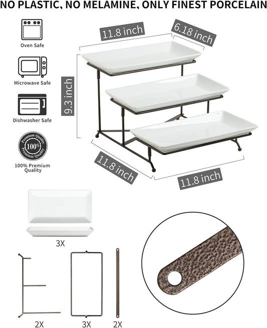 LAUCHUH 3 Tier Serving Tray, Porcelain Serving Platter Tier Serving Stand with Collapsible Sturdier Rack, Serving Trays and Platters Dessert Party Display Set for Father's Day, Gold, 12 Inch