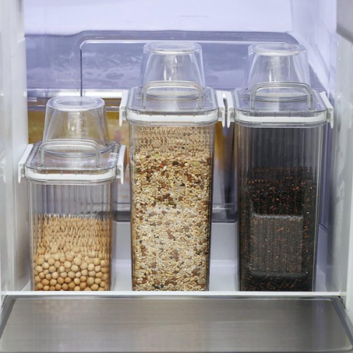 Neoflam 3 Set Airtight Kitchen Pantry Dry Food Container with Handle, Dog, Cat, Pet Feed Dispenser with Measuring Cup, Refrigerator Cabinet Organization for Cereal, Rice, Grain, Pasta (61oz, 1800ml)