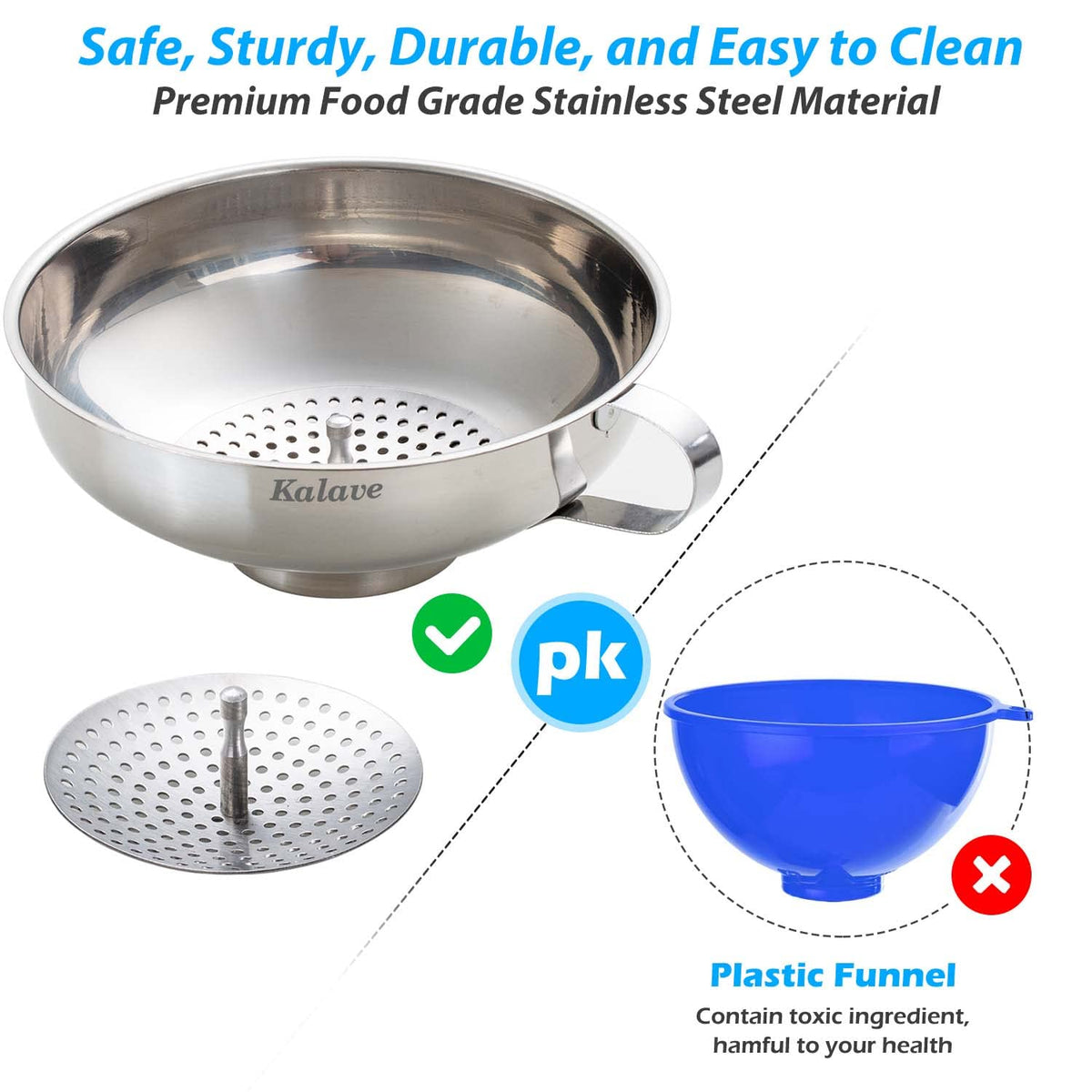 Kalave Canning Funnel, Food Grade Stainless Steel Canning Funnels with Strainer, Wide Mouth Funnels for Kitchen Use, Canning Supplies Kit for Wide and Regular Mason Jars - 3 Pack (Small and Large)