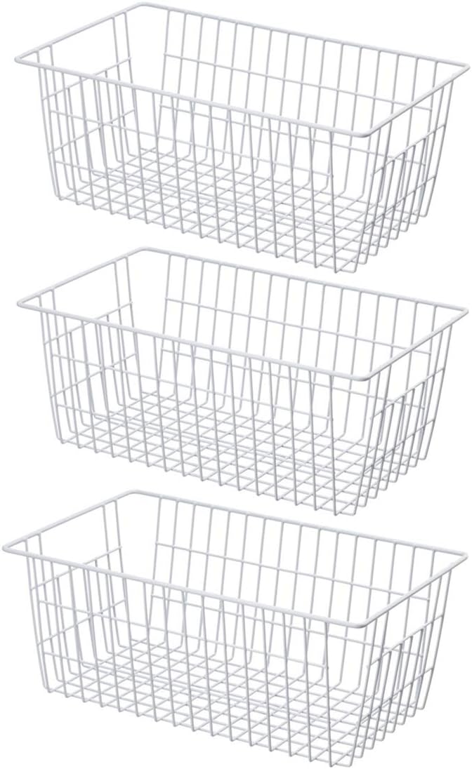 SANNO Freezer Baskets for Storage Pantry Large Metal Wire Food Storage Organizer Bin Basket with Handles - for Kitchen Cabinets, Pantry, Bathroom, Laundry Room, Closets, Garage - Chrome，2 pack