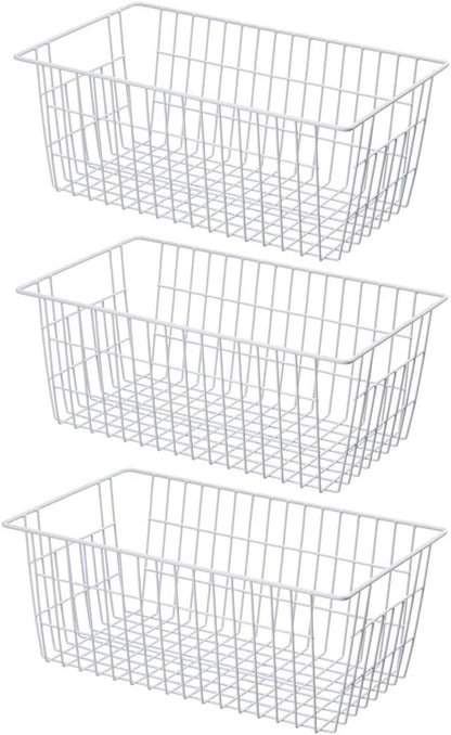 SANNO Freezer Baskets for Storage Pantry Large Metal Wire Food Storage Organizer Bin Basket with Handles - for Kitchen Cabinets, Pantry, Bathroom, Laundry Room, Closets, Garage - Chrome，2 pack