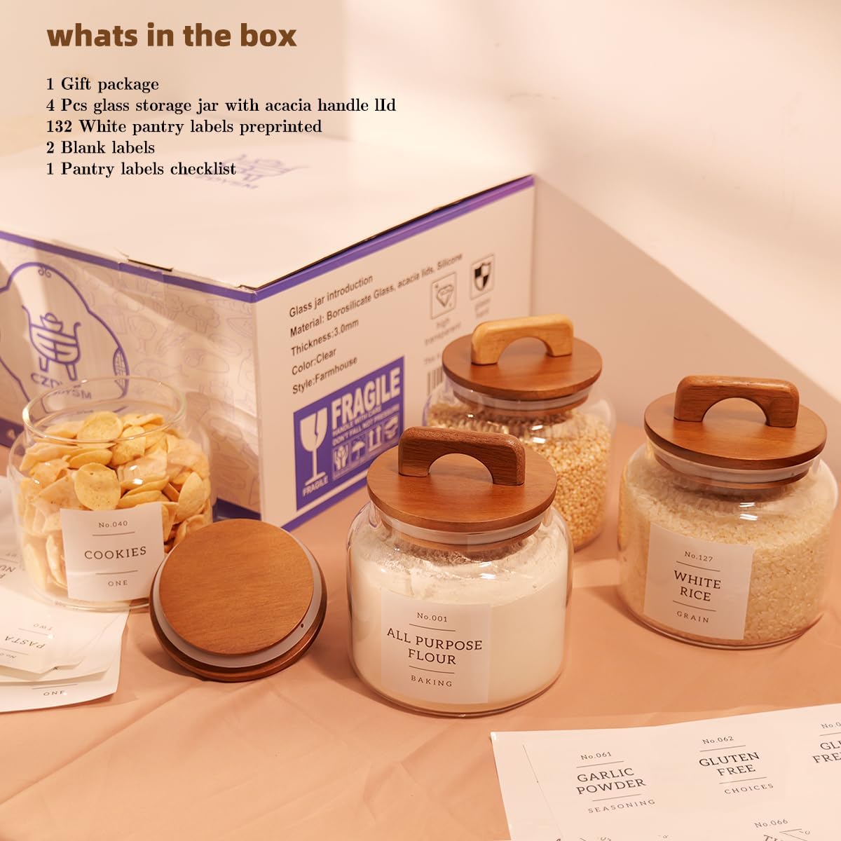2 Pack Large Glass Flour and Sugar Containers with 132 Pantry Labels - 64 FL OZ Glass Canisters with Bamboo Airtight Lids - Farmhouse Glass Cookie Jars for Rice, Pasta, Cereal, Bath Salt
