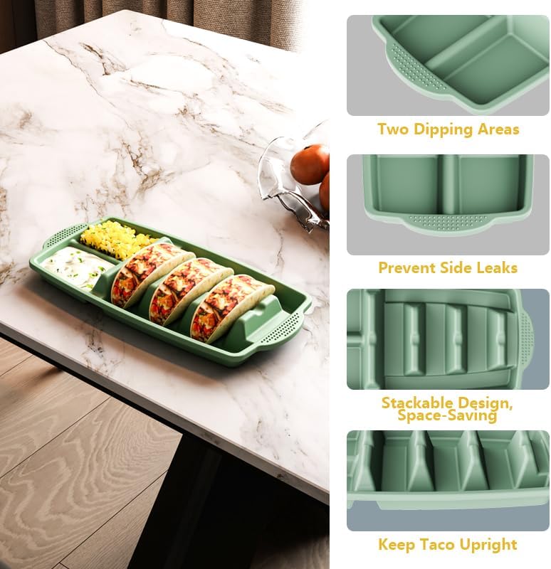 Reusable Silicone Taco Holder Set of 2, Taco Plates with Dividers & Dip Bowls, Taco Shell Holds 3 Taco Shells Stand, Microwave & Dishwasher Safe, Non-Slip Base, Taco Bar Serving for Party