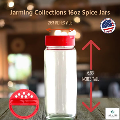 JARMING COLLECTIONS 16oz Glass Spice Shakers with Lids – Large Seasoning Containers with Shaker Tops for Kitchen, Pantry & Herb Storage