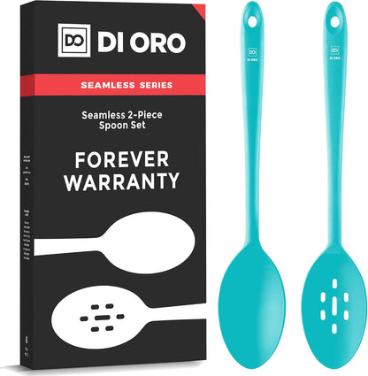 DI ORO Silicone Spoons for Cooking - Large Kitchen Spoons for Mixing, Serving, & Stirring - 600°F Heat-Resistant Non Stick Utensils – Big Solid & Slotted - Dishwasher Safe (2pc, Black)