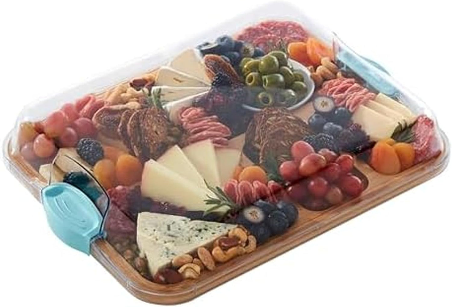 Farberware Build-A-Board Bamboo Cutting Board with Built-In Compartments & Clear Locking Lid, Black Handles, Charcuterie, Snack Tray, Food Prep and Serving Platter