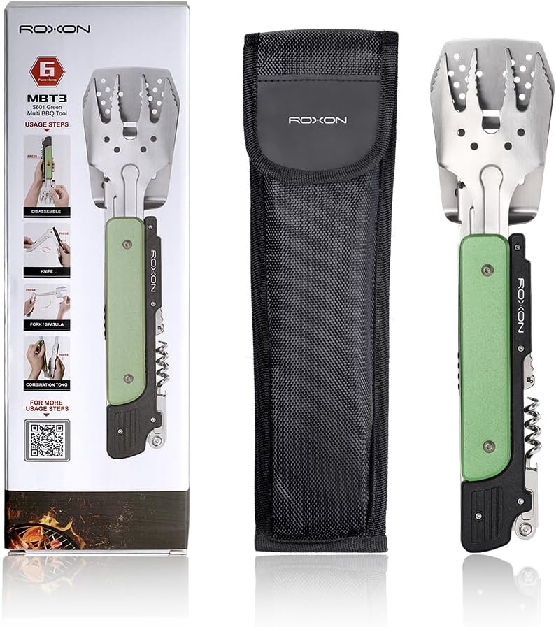 ROXON 6-in-1 Folding Grill Utensils Set, 14" BBQ Tools for Camping S601