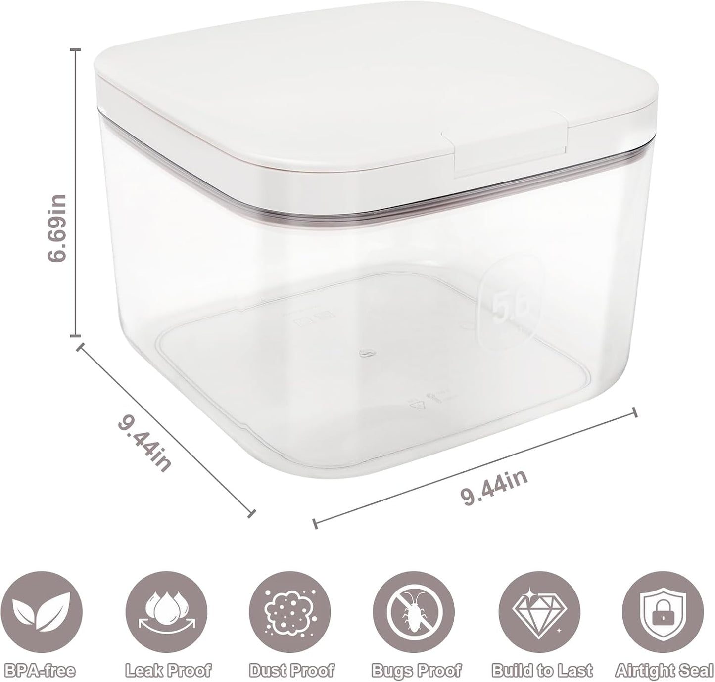 Airtight Rice Container with Measuring Cup, BPA-Free Clear PET Plastic Food Storage Container Pantry Organizers and Storage Sugar Cookies Flour Rice Container (5 L /5.28 QT)