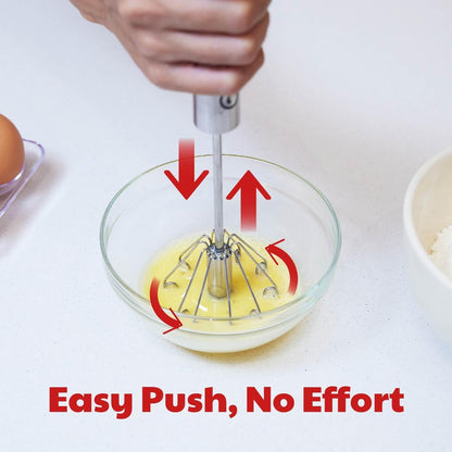 Stainless Steel Push-Down Rotary Egg Beater Hand Whisk 2 Pack 12 & 14 Inch