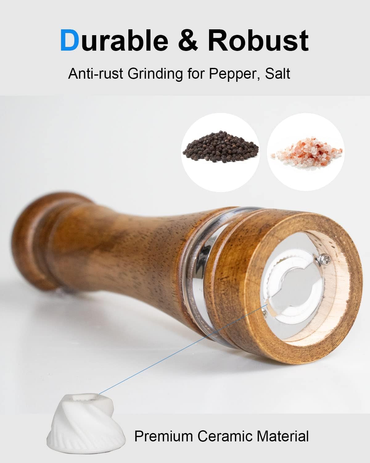 Pepper Grinder Salt Grinder Wooden Pepper Mill Grinder w/Adjustable Coarse, 8 inch Tall Wood Refillable Manual Pepper Grinder Mill Peppermill for Black Peppercorn, Easy Clean w/Cleaning Brush