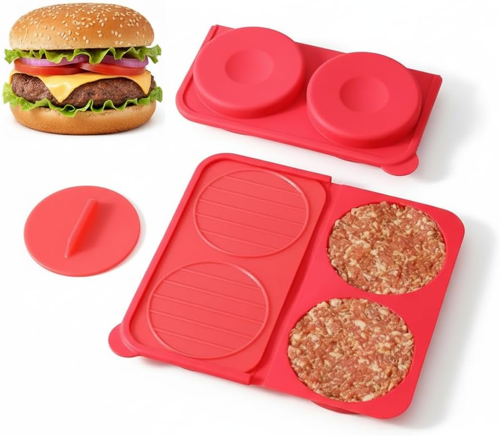 AUOON Silicone Burger Press for 4.5" 1/4-1/3 lb Patties - 4 in 1 Hamburger Press Patty Maker for Kitchen BBQ, Non-Stick Burger Patty Mold for Beef Veggie, Dishwasher Safe & Freezer Storage (Red)