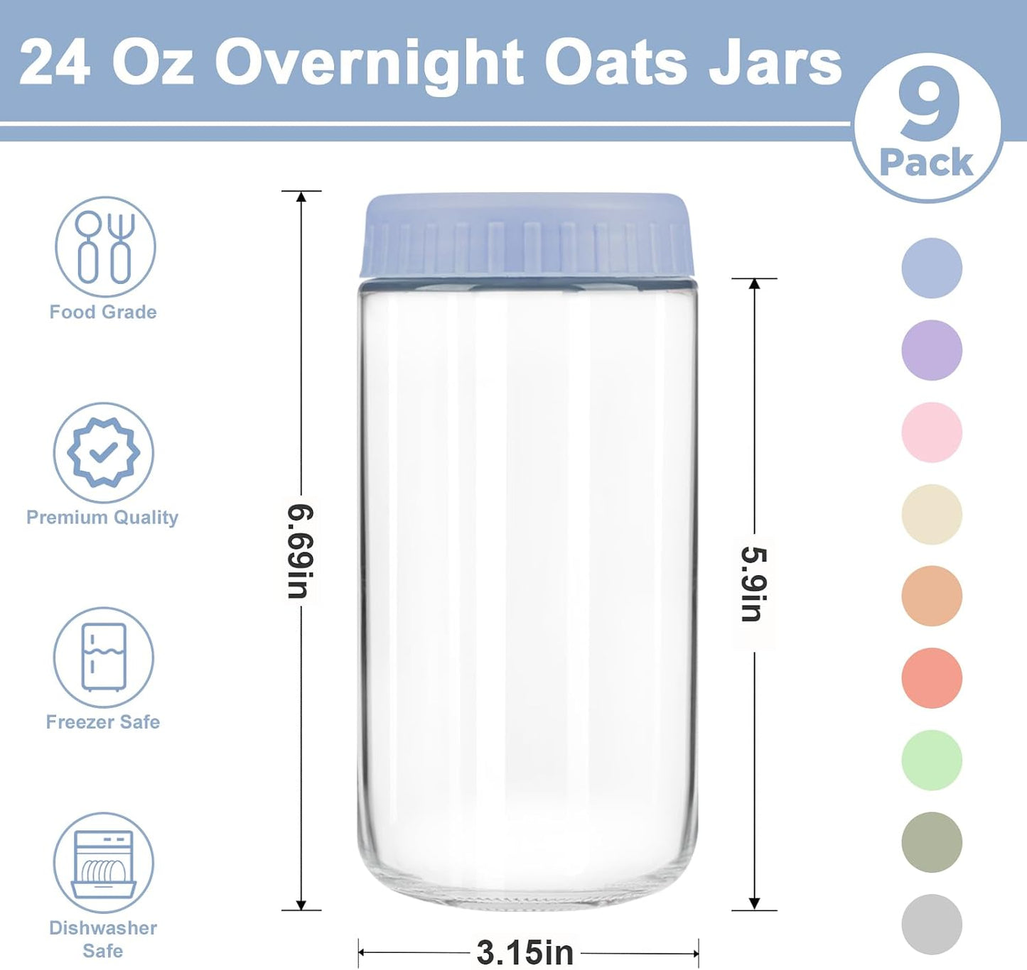 Overnight Oats Containers with Lids, 10oz Wide Mouth Mason Jars with Lids, 9 Pack Glass Jars with Airtight lid for Chia Pudding Yogurt Salad, Meal Prer Oatmeal Jars, Pink