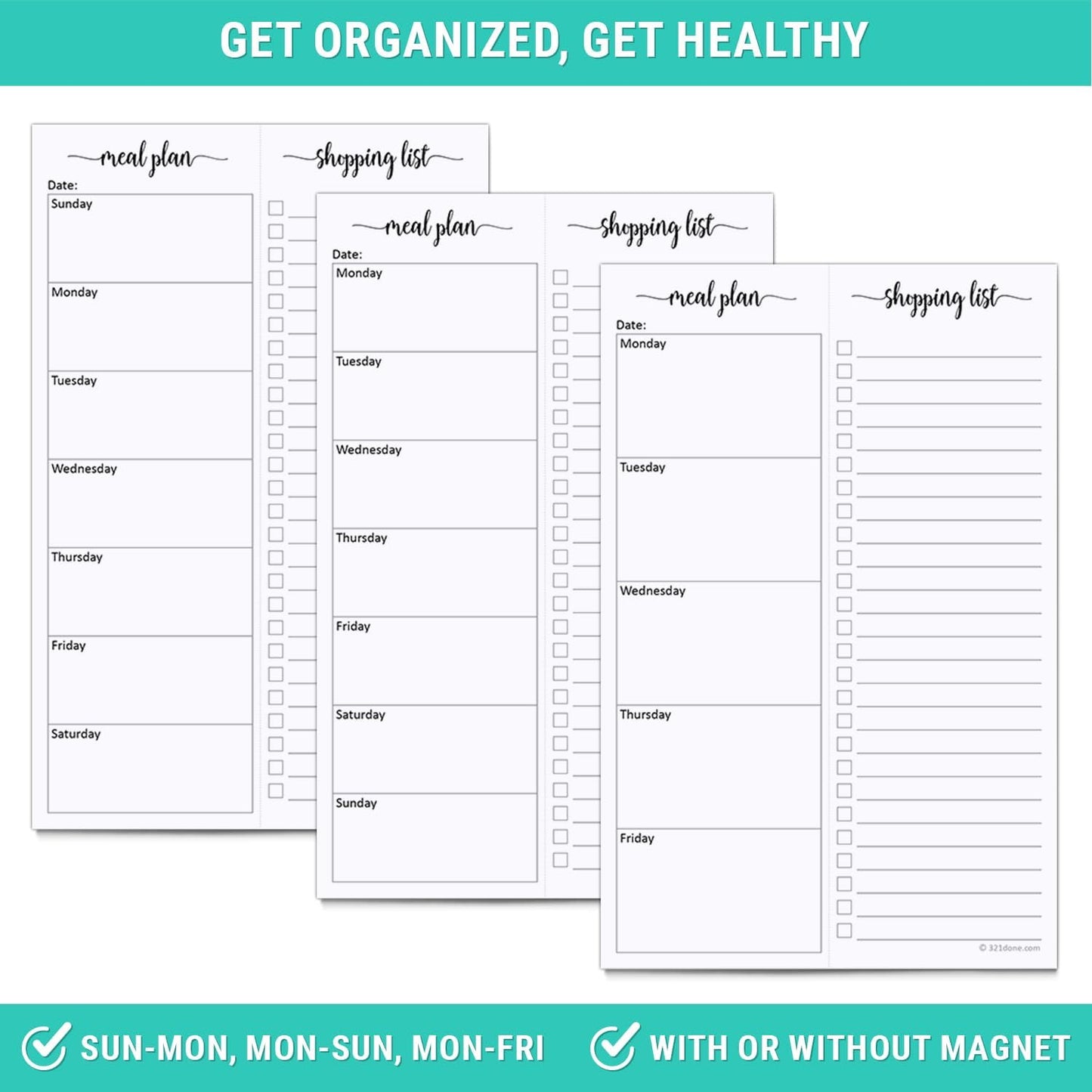321done Magnetic Weekly Meal Plan Shopping Checklist Notepad - Tear-Off 50 Sheets, 5.5x8.5 - Undated, Sunday to Saturday To-Do List Planner, Schedule Weekly Desk Pad, Weekday Planning Notepad - Made in USA