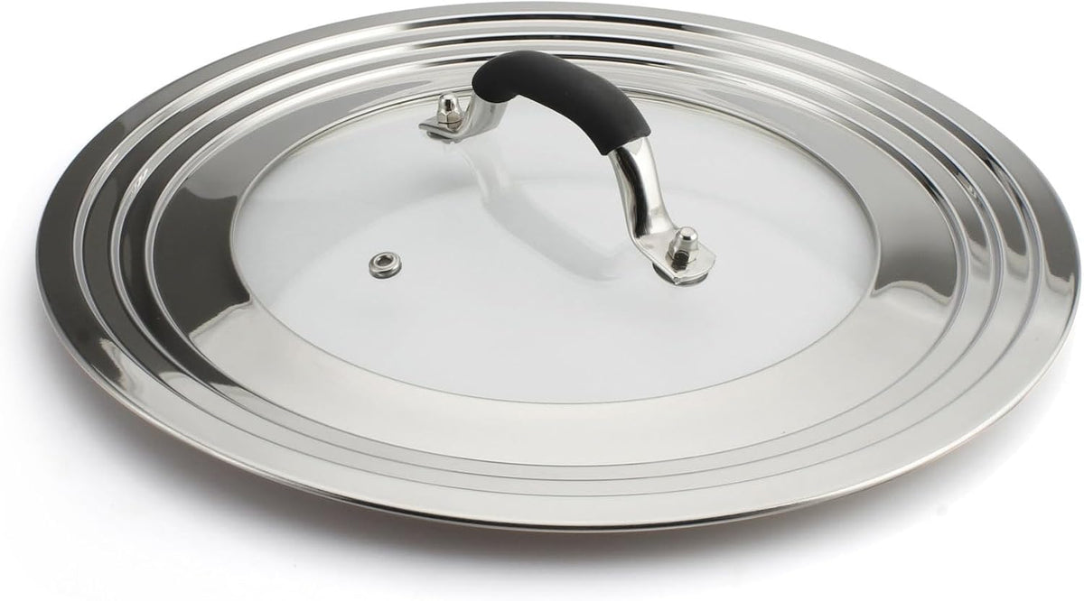 Stainless Steel Universal Lid for Pans Pots Fits 8.25 9 10 11 12 Inch Cast Iron Skillets Frying Pans Woks - Design with Heat Resistant Handle and Vent Hole - Black Handle