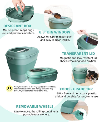 20-30 Lbs Rice Storage Container,Collapsible Food Storage Containers with Rolling Wheel Airtight Locking Lid,Flour Storage Container with Cup and Scoop,Suitable for Food,Rice,Pet Food,Flour