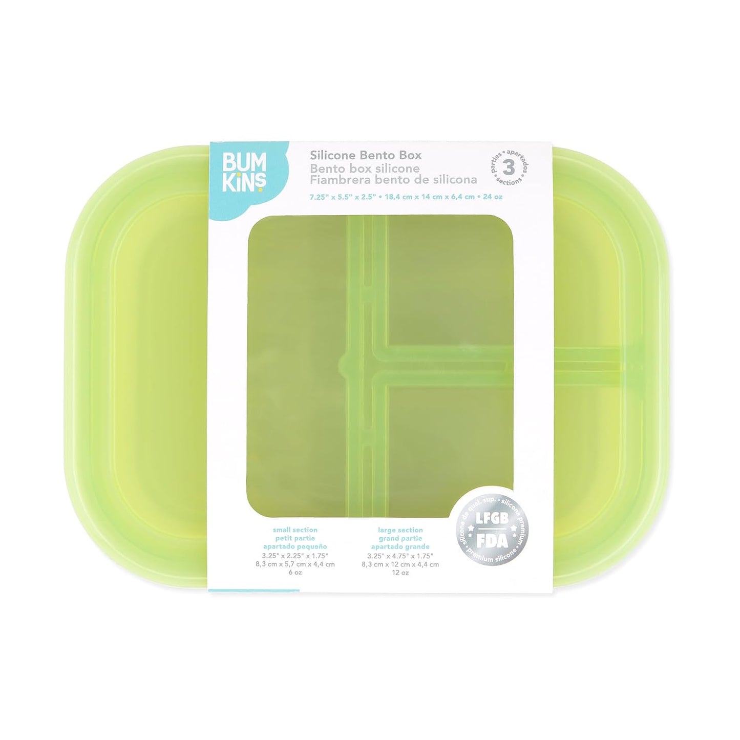 Bumkins Snack/Lunch Bento Box for Kids and Adults, 3 Compartment Container, Leak Proof Lid, for Portioning, Large Section Can Hold Sandwich, Food-Safe LFGB Platinum Silicone, Microwave-Safe, Pink