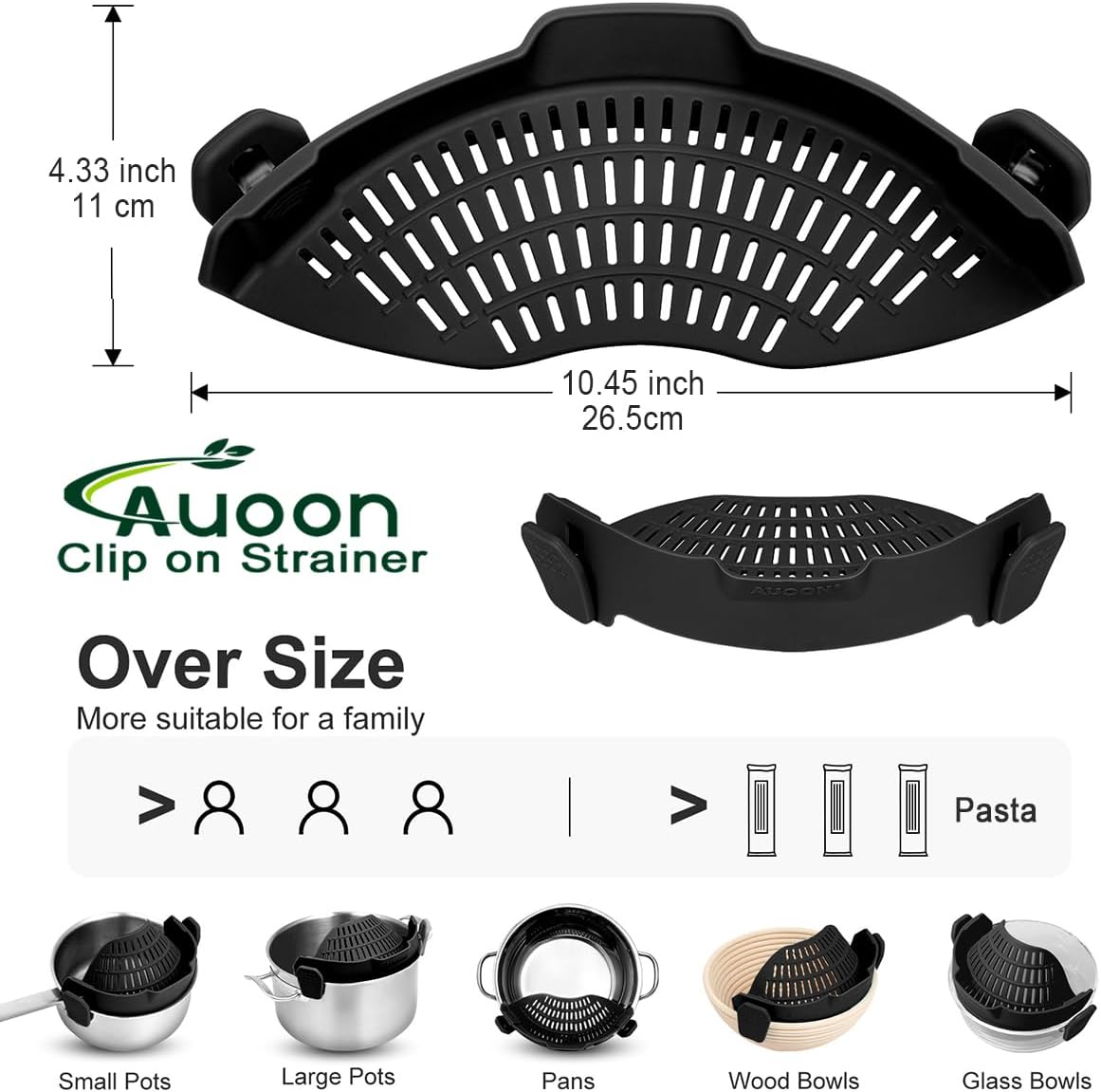 AUOON Clip On Strainer Silicone for All Pots and Pans, Pasta Strainer Clip on Food Strainer for Meat Vegetables Fruit Silicone Kitchen Colander