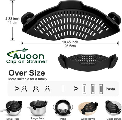 AUOON Clip On Strainer Silicone for All Pots and Pans, Pasta Strainer Clip on Food Strainer for Meat Vegetables Fruit Silicone Kitchen Colander