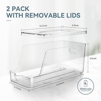 Soda Can Dispenser for Refrigerator with Lids, Stackable Drink Organizer for Fridge, Clear Plastic Refrigerator Organizer Bins, Beverage Can Holders for Pantry, Freezer, Kitchen, Cabinets Set of 2