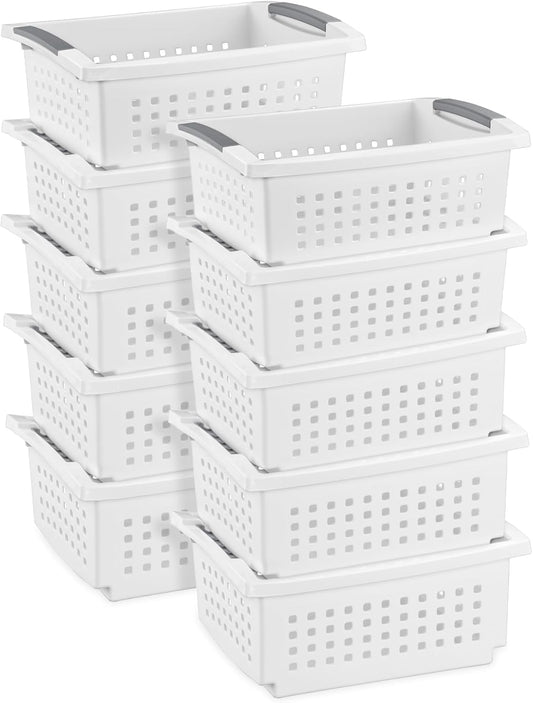 Sterilite Medium Stacking Basket, Plastic Storage Bin to Organize Countertops, Shelves, Closets, Classroom, Bathroom, and Dorm, White with Gray Handles, 4-pack