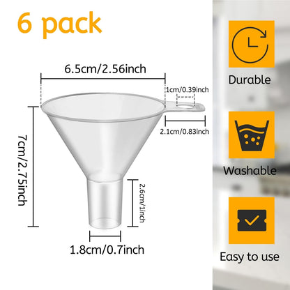 6 Pack Small Plastic Funnel for Filling Bottles,2.56 Inch Clear Wide Mouth Plastic Funnel for Filling Water Powder Essential Oils, Perfume,Kitchen Bath Garage Use (Wide Mouth)